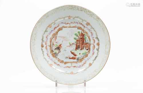 A large plateChinese export porcelainPolychrome decoration of central port scene with figur