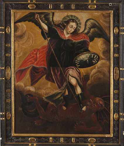 Cuzco school, 18th /19th centurySaint Michael slaying the devilOil on canvas80x60 cmbr