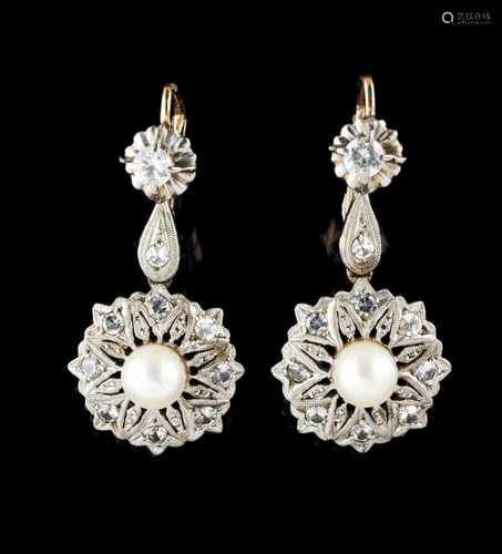 A pair of drop earringsBicoloured goldPierced flower set with 5mm pearls 2 antique cut