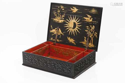 An Indo-Portuguese writing boxCarved exotic timber with evidence of lacquer and gilding depicti