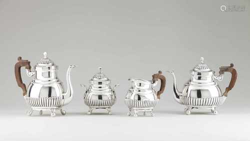 Tea and coffee setPortuguese silverTeapot, coffee pot, milk jug and sugar bowlPart flut