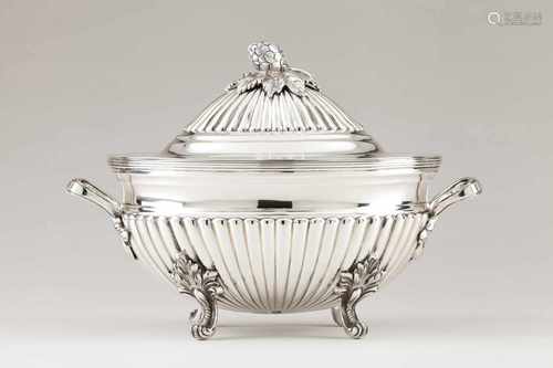 A tureen with cover and trayPortuguese silverPart fluted body and cover, and decorated feet