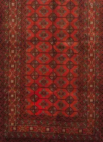 A Baluchi rug, IranWool and cotton of geometric pattern in bordeaux, green and yellow shadesbr