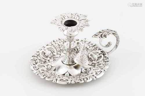 A Chamber stick with snufferPortuguese silverRaised floral and foliage decoration with snuf