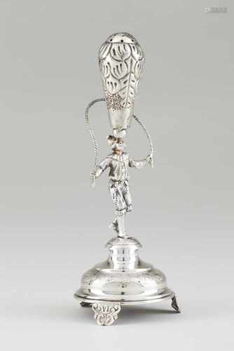 A toothpickPortuguese silverAcrobat figure on a circular base of engraved band and 3 feetb