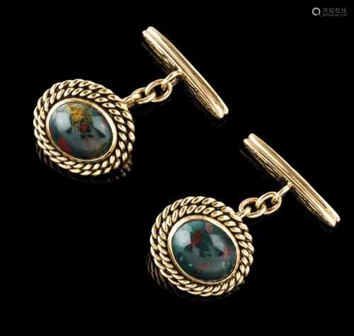 A pair of cufflinksGoldSet with cabochon cut sanguine jasper with rope twist decoration