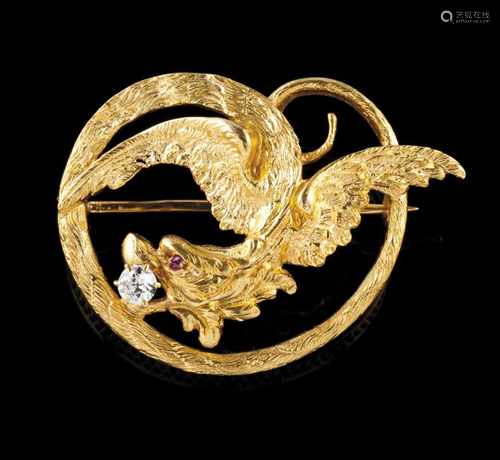 A broochGoldOrientalist inspired decoration of sculpted and chiselled dragon set with one b