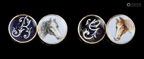 A pair of cufflinksGoldHorse's head and monogrammed enamelled decorationEngland, 19th/2