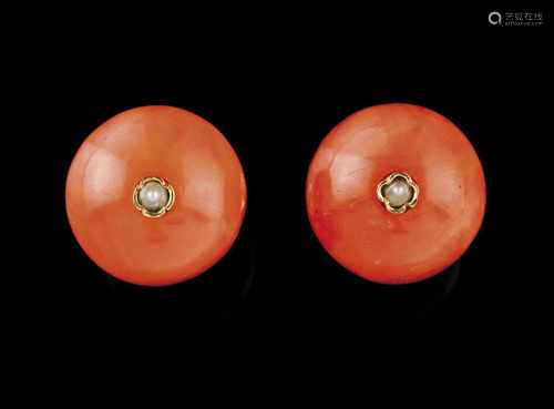 A Mediterranean coral pair of earringsGold set with micro pearlEurope, circa 1960Unmark