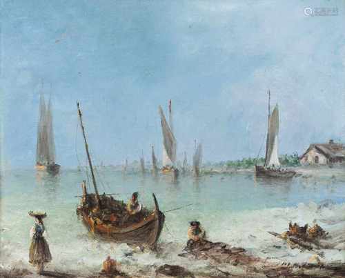 Luiz Tomazini (1823-1902)Marine scene with fishermenOil on boardSigned and dated 1969b