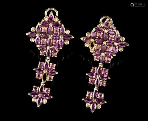 A pair of drop earringsGoldArticulated flowers set with marquise and round cut amethyst