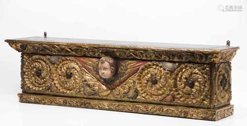 Carved elementCarved, gilt and polychrome wooden corniceFoliage scroll decoration with cent