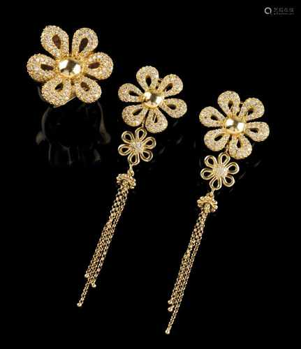 A ring and pair of earringsGoldFlower set with various small brilliant cut diamondsLisb