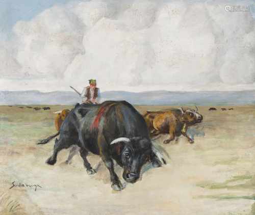 Simão da Veiga (1879-1963)Cattlemen rearing cattleOil on cardboardSigned57x66 cmbr