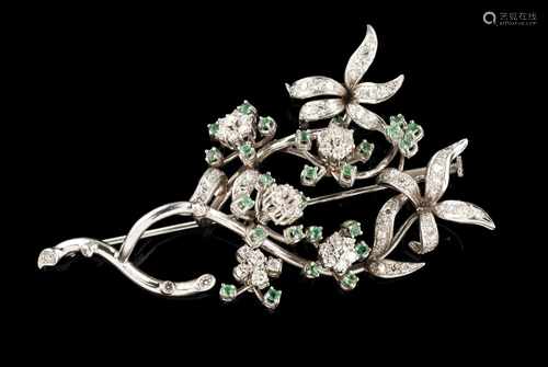 A broochGoldFloral stem decorationSet with 98 8/8 cut diamonds (ca.1.90ct) and 27 small