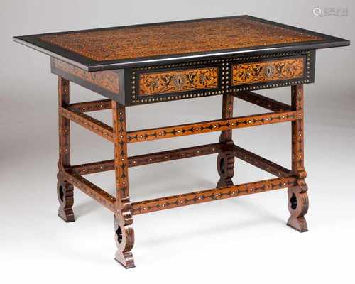 An Indo-Portuguese tablePart ebony veneered teak of ebony and ivory inlaid decoration with flor