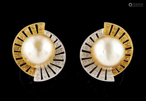 A pair of earringsBicoloured goldRadiant semi circles set with small white and champagne co