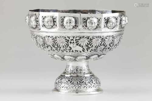 A BowlIndian silverprofusely decorated in relief, pierced and chiselled, with orientalist m