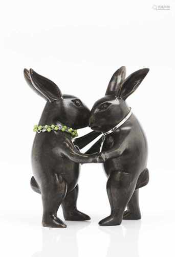 A couple of dancing rabbitsBronze sculpture with silver and hardstone elementsOporto hallma