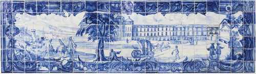 A landscape with buildings and figuresA 126 tiles panelBaroque frame of scrolls, shells and