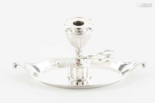 A chamber stickPortuguese silverWith tray and wick scissorsPlain, boat shaped body with