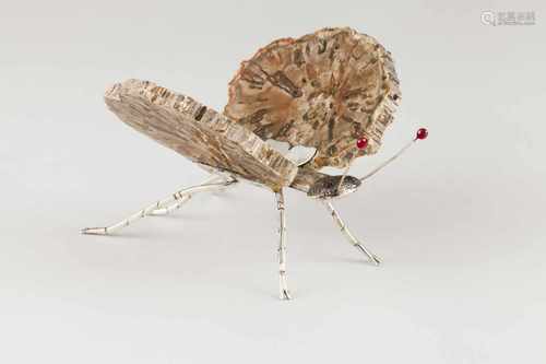 Butterfly Luiz FerreiraSilver and hard stoneSculpture with travertine wingsEyes and ant