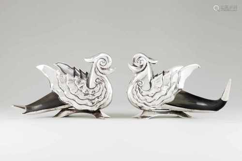 A pair of griffinsHorn and silverRaised, engraved and chiselled decorationOporto hallma