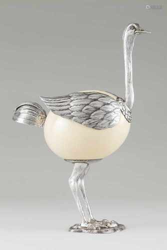 A Manuel Alcino ostrichOstrich egg and raised and chiselled silverOporto hallmark, Eagle 92