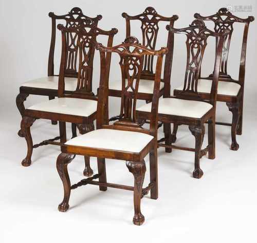 A D.José six chairs setWalnutPierced and carved backsClaw and ball feetTwo chairs f