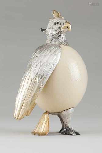 A bird inkwellWhite and gilt silver and ostrich eggCarved and chiselled decoration with hin