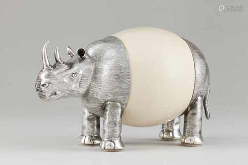 A rhinocerosCarved and chiselled silver and ostrich eggLisbon hallmark, Eagle 925/000 (post