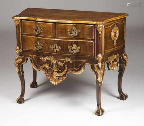 A D.João V style chest of drawersWalnutPart carved and gilt of shell and foliage motifs dec