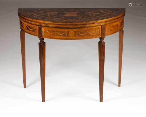 A pair of D.Maria style games tablesJacaranda and rosewood veneeredDemi-lune tops of trophi