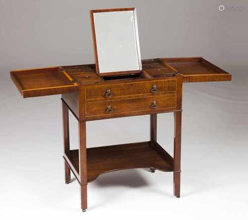 A George III style dressing cupboardSolid and veneered mahogany and burr mahoganyInner mirr