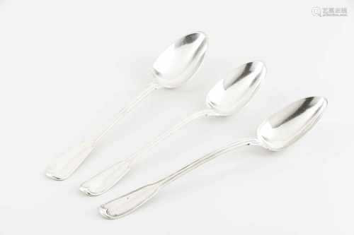 Three serving spoons, 18th centuryFrench silverPlain body of engraved friezeTwo with cr