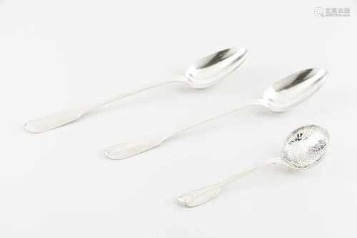 Three serving spoons, 18th/19th centuryFrench silverOne pierced spoon of engraved bowl with