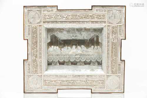 A cased Last Supper sceneMother-of-pearl veneered walnut and frame of mother-of-pearl plaques d