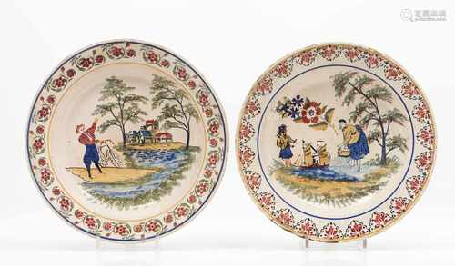 A large deep platePortuguese faiencePolychrome decoration of river landscape with buildings