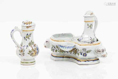 A cruet setNeapolitan faienceFloral decoration in yellow, blue, green and manganeseZoom