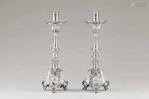 An unusual pair of secular candle standsPortuguese silver, 17th/18th centuryEngraved and ch