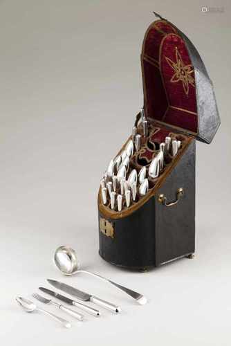 A cutlery set in a shark skin coated casePortuguese silver, 19th century12 soup spoons, 12