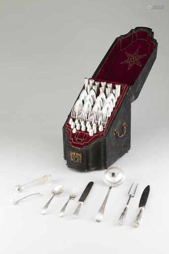 A cutlery set with casePortuguese silver, 18th centuryFrieze and leaf engraved handles with