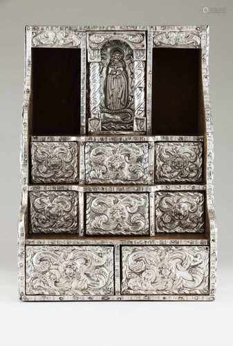 A writing setSilver and woodPossibly Peruvian school, 18th centuryEight drawers decorat