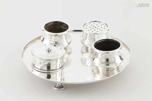 An inkwellEuropean silver, 18th centuryThree feet circular tray, two sanders and a box with