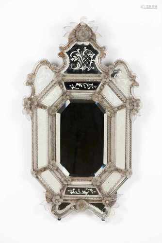 A small Venetian mirrorEngraved foliage and floral decoration with applied moulded glass eleme