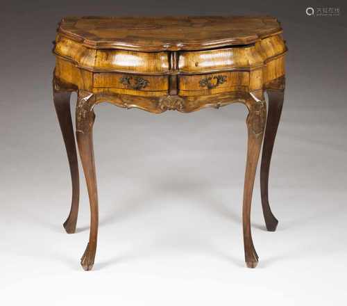 A small side tableWalnutWalnut marquetry and carved decorationTwo drawers and till-top