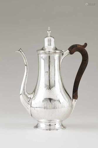 A D.Maria coffee potPortuguese silver, 18th centuryPear shaped part fluted and chiselled bo