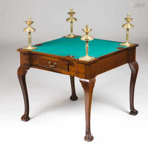 A George III style card tableWalnutGreen baize lined top with four gilt metal candle stands