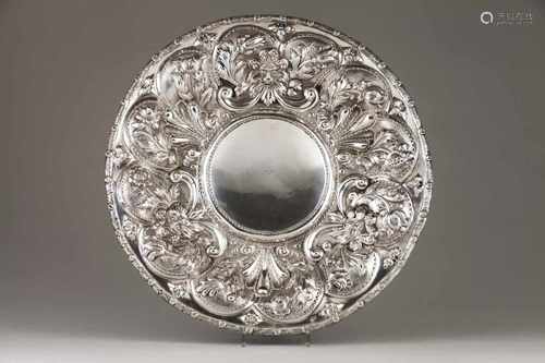 A large suspending salverPortuguese silverPlain centre wit repousse lip of foliage, flower