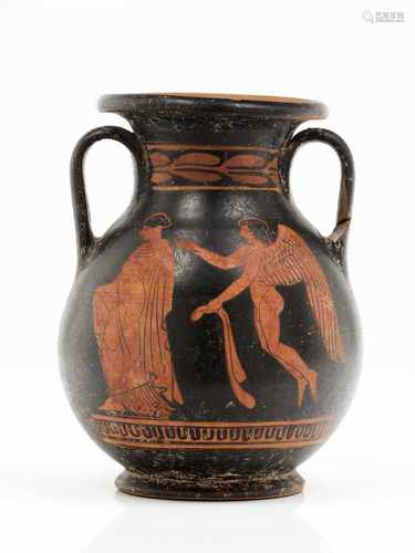 A pelikeTerracottaOn one side a scene depicting Eros pursuing a female figure and on the ot